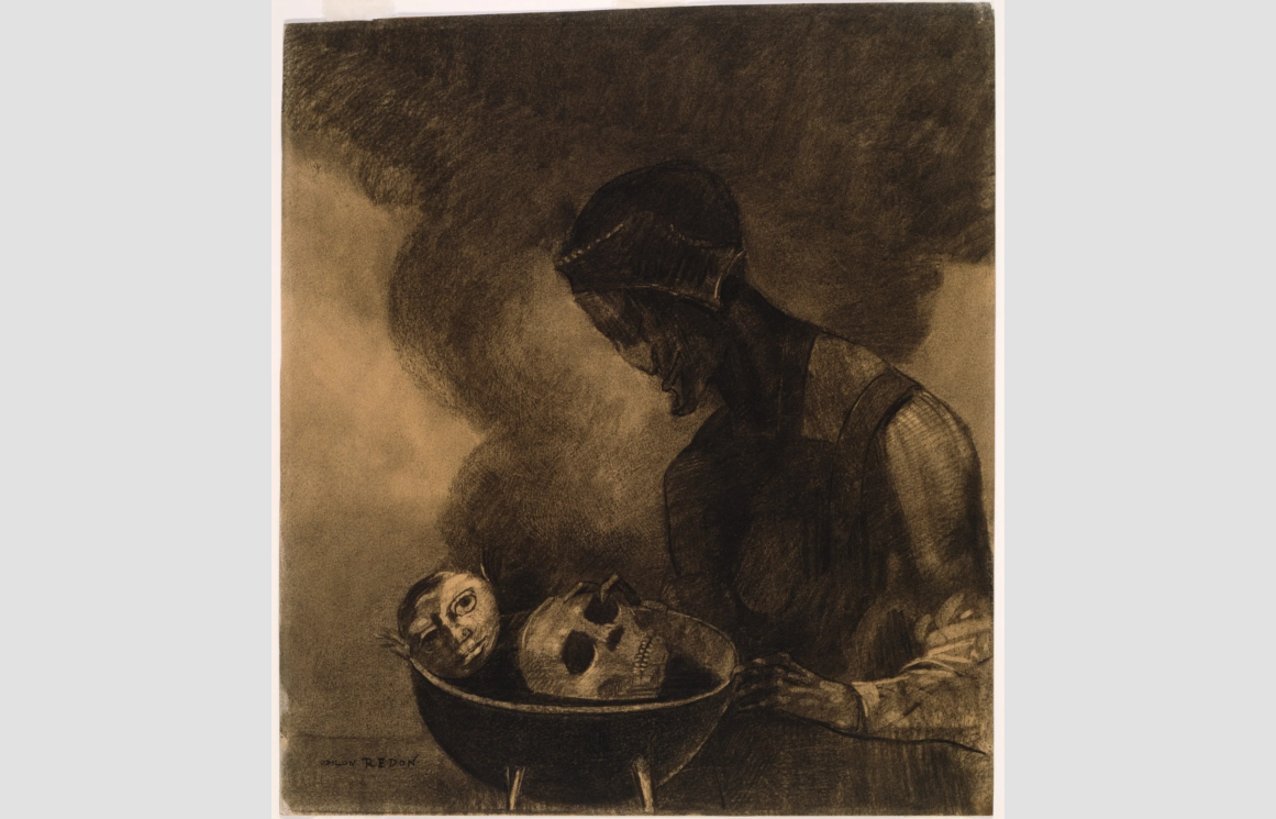 A masked sorceress looks down into a smoking cauldron that contains a head and a skull