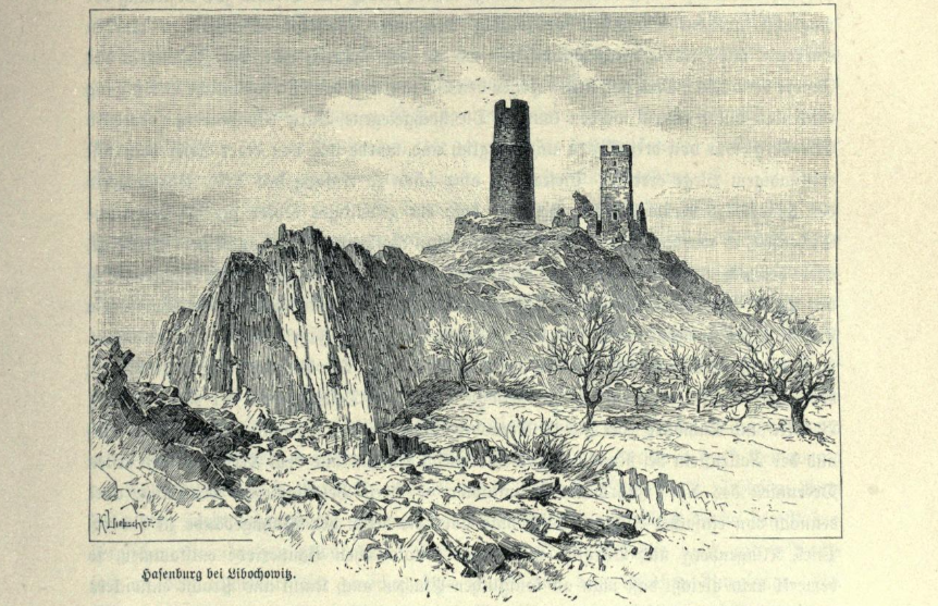 A detailed pen-and-ink drawing of a grim two-towered castle on a craggy hill