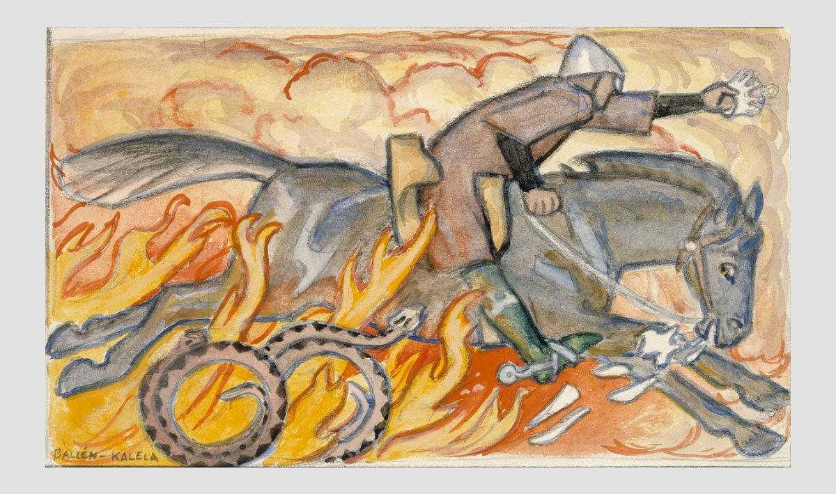 An illustration of an 11th century warrior riding a horse through flames, menaced by a snake