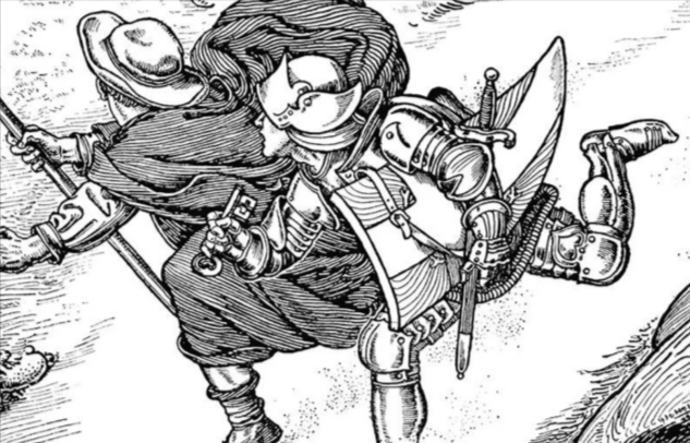 Two adventurers, one in a cloak and one armoured, run toward or around a threat